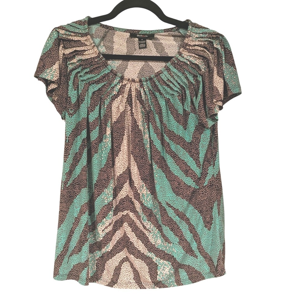 Style&co Womens Sm Teal Brown Animal Print Pleated Scoop‎ Neck Short Sleeve Top